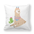 Cartoon alpaca and cactus print white square peach skin cushion cover decor - 18x18 Inch / White Cactus Alpaca (9)