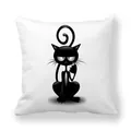 Détail de la taie d'oreiller carrée avec imprimé chat noir minimaliste sur fond blanc - Chat Grands Yeux Queue en Spirale(T076-12)