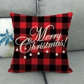 Federa per cuscino in lino a quadri rossi e neri con scritta Merry Christmas e decorazioni - Stile Pallina di Natale e Lettere (6) / 45x45cm