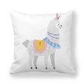 Cartoon alpaca pillow cover with pink saddle and blue tassels on white peach skin fabric - 18x18 Inch / Bohemian Deco Alpaca (12)