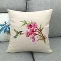 Federa per cuscino in lino stile europeo con stampa acquerello di fiori e colibrì - 45x45cm / Colibrì e Fiori Rosa (12)