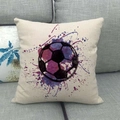 Linen square pillow case with purple and blue watercolor soccer pattern on grey sofa - Purple Ink Splatter Football Style / 45x45cm