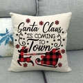 Housse de coussin de Noël en lin à carreaux rouges avec motif du Père Noël - 45x45cm / Style Santa Claus is Coming to Town