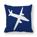 Funda de cojín azul marino con silueta de avión blanca en tela suave de piel de melocotón - Silueta de Avión Azul Oscuro