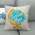 Linen pillow cover with watercolor globe print and Explore More text on grey sofa - Watercolor Globe Style / 45x45cm