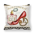 French vintage peach skin pillowcase with red high heels and perfume bottle design - 45cmx45cm / French Vintage Perfume (2)