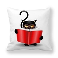 Housse de coussin peau de pêche avec chat noir lisant un livre rouge sur blanc - Chat avec Lunettes Lisant(T076-5)