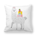 Cartoon alpaca throw pillow cover in peach skin fabric with stacked gift boxes pattern - 18x18 Inch / Gift Box Carrying Alpaca (18)