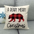 Fodera per cuscino natalizio con orso a quadri e scritte su tessuto di lino grezzo - Beige - Orso a Quadri Buon Natale (Stile 4)
