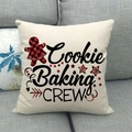 Detail of linen Christmas pillowcase with gingerbread man and Cookie Baking CREW text - Beige - Plaid Gingerbread Cookie Crew (Style 7)