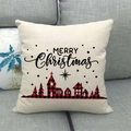 Linen Christmas pillow cover with red buffalo plaid forest and Merry Christmas text - Beige - Plaid Village Merry Christmas (Style 16)
