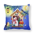 Square Christmas pillowcase featuring a snowman and birds on a deep blue background - Blue Background Snowman and Bird Style (8)