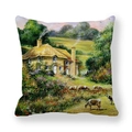 Kussensloop met olieverfschilderij van Europees landschap in perzikzachte stof - Landelijk huis met koeien op grasland (3) / 45x45 cm
