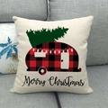 Housse de coussin en lin de Noël avec motif de camping-car vintage à carreaux rouges - 45x45cm / Style Camping-car à Carreaux Merry Christmas