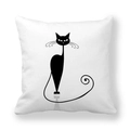 Housse de coussin minimaliste avec illustration de chat noir sur un tissu blanc uni - Chat Élégant à Longues Moustaches(T076-19)