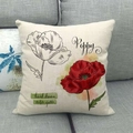 Federa per cuscino in lino con design di papaveri rossi disegnati a mano su beige - 45x45cm / Papavero Rosso Bianco (16)