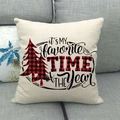 Christmas plaid tree linen pillow cover with festive typography on a gray sofa - 18x18 Inch / Beige Plaid Christmas Tree Typography (5)