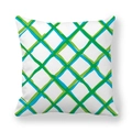 Detail of grid patterned cushion cover with artistic green and blue hand-painted lines - White Base Cyan Blue Grid