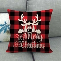 Detail shot of a red and black buffalo plaid Christmas pillowcase with a white reindeer print - 18x18 Inch / Red Black Plaid White Reindeer Text (6)