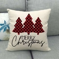 Detail of linen Christmas pillowcase with buffalo plaid trees and Merry Christmas text - 18x18 Inch / Beige Three Plaid Trees English (7)