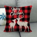 Close-up of red and black buffalo plaid linen pillowcase with white reindeer silhouette - 18x18 Inch / Red Black Plaid Two White Deer (10)
