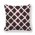 Detail of dark brown square pillowcase with pink and off-white lattice pattern - Dark Brown Base Pink White Grid