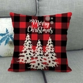 Close-up of Christmas buffalo plaid linen pillowcase with trees and Merry Christmas text - 18x18 Inch / Red Black Plaid Three Trees Text (12)