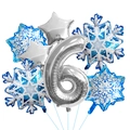 Close-up of silver number 6 balloon with blue snowflakes and star balloons for 6th birthday - Silver Number 6 Set