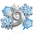 Close-up of frozen theme balloon set featuring silver number nine and blue snowflakes - Silver Number 9 Set