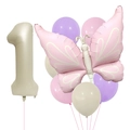 Macro detail of matte butterfly foil balloon and large champagne number one for birthday decor - Number 1 Style (Matte Butterfly Balloon Set)