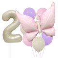 Detail view of matte pink butterfly balloon and champagne number two foil balloon set - Number 2 Style (Matte Butterfly Balloon Set)