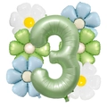Set di palloncini numero 3 verde oliva con sei palloncini margherite per feste - Stile Numero 3