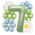 Detailed view of matte olive green number 7 foil balloon with daisy party decorations - Number 7 Style