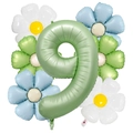 Vista de detalle del globo número 9 verde oliva con globos de margaritas de fiesta - Juego Margarita Número 9 / Verde