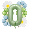 Detalle de globo de papel de aluminio número 0 verde oliva mate con margaritas decorativas - Juego Margarita Número 0 / Verde