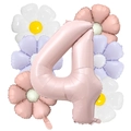 Close-up of matte pink number 4 foil balloon with daisy flower party decorations - Baby Pink (4)
