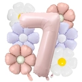 Detailed view of matte baby pink number 7 balloon with colorful daisy flower balloons - Number 7 Style (Infant Pink Daisy Set 7)