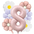 Detail view of 40-inch matte pink number 8 foil balloon with macaron daisy flowers - Number 8 Style (Infant Pink Daisy Set 8)