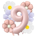 Detail of matte baby pink number 9 balloon with pastel daisy floral accents for birthdays - Number 9 Style (Infant Pink Daisy Set 9)
