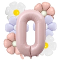 Macro detail of 40-inch matte pink number 0 balloon and decorative daisy balloons - Number 0 Style (Infant Pink Daisy Set 0)