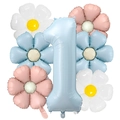 Détail du kit de ballons numéro 1 bleu mat avec décorations de fleurs de marguerite - Style Marguerite Bleu Bébé Nombre 1