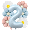 Détail du ballon chiffre 2 bleu mat avec ensemble de ballons marguerites macarons - Style Marguerite Bleu Bébé Nombre 2