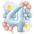 Vue détaillée du ballon chiffre 4 bleu clair et marguerites pour décoration d'anniversaire - Style Marguerite Bleu Bébé Nombre 4