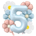 Détail du ballon en aluminium numéro 5 bleu mat avec kit de décoration marguerite - Style Marguerite Bleu Bébé Nombre 5