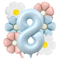 Détail du ballon chiffre 8 bleu bébé mat de 40 pouces avec décorations de marguerites - Style Marguerite Bleu Bébé Nombre 8