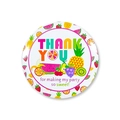 Close-up of a fruit-themed birthday party badge with pineapple and watermelon illustrations - Thank You
