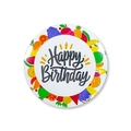 Close-up of birthday tinplate badge with Happy Birthday text and cartoon fruit motifs - Happy Birthday Style