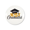 Detailed view of Graduation tinplate badge with JUST Graduated text and doctoral cap icon - JUST Graduated White Style (Style 4) / 58mm
