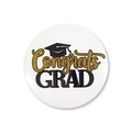 Detail view of round graduation tinplate badge with gold Congrats GRAD text and cap - White Gold Black Congrats GRAD Style (Style 5) / 58mm