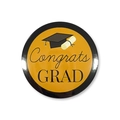 Detail of yellow graduation tinplate badge with Congrats GRAD text and a black mortarboard - Orange Congrats GRAD Style (Style 6) / 58mm